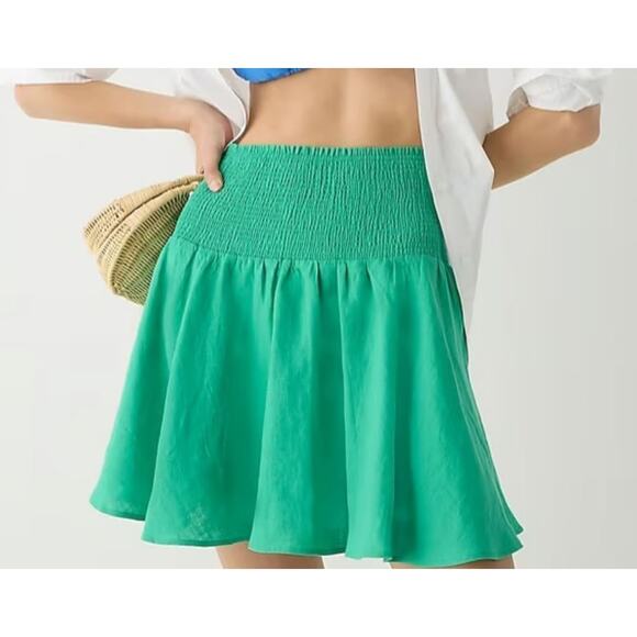 J.Crew Linen Smocked High Waist Flared Mini Skirt Bright Green Women's Size XS - Picture 1 of 5